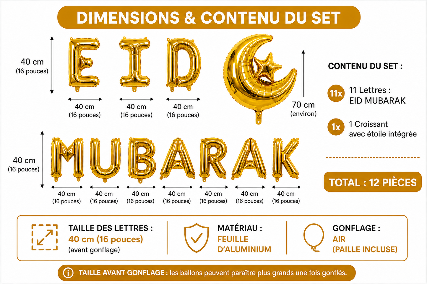 Décoration Aïd Mubarak Ballons Aluminium (40 cm) – Bannière Eid avec Croissant – Déco Maison Aïd