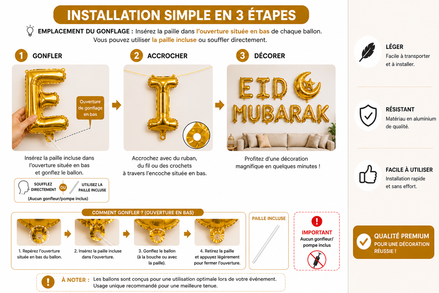 Décoration Aïd Mubarak Ballons Aluminium (40 cm) – Bannière Eid avec Croissant – Déco Maison Aïd