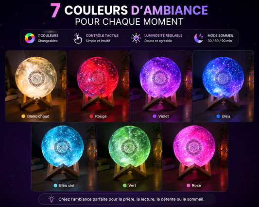 Veilleuse Coranique Galaxy Bluetooth QB512 – Lampe Quran Audio 7 couleurs, télécommande