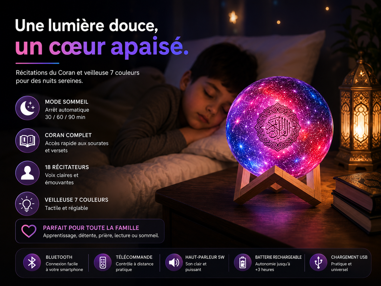 Veilleuse Coranique Galaxy Bluetooth QB512 – Lampe Quran Audio 7 couleurs, télécommande