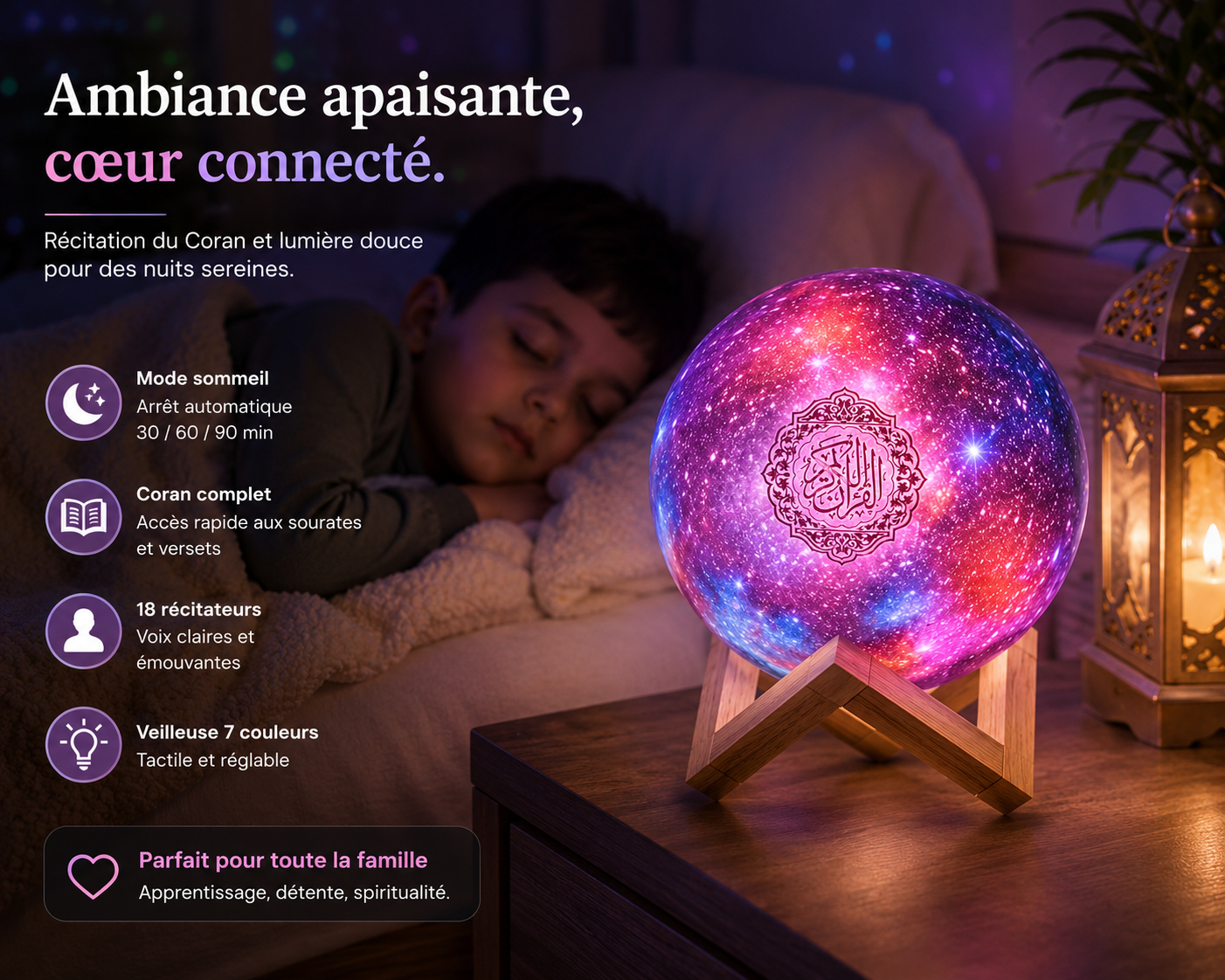 Veilleuse Coranique Galaxy Bluetooth QB512 – Lampe Quran Audio 7 couleurs, télécommande
