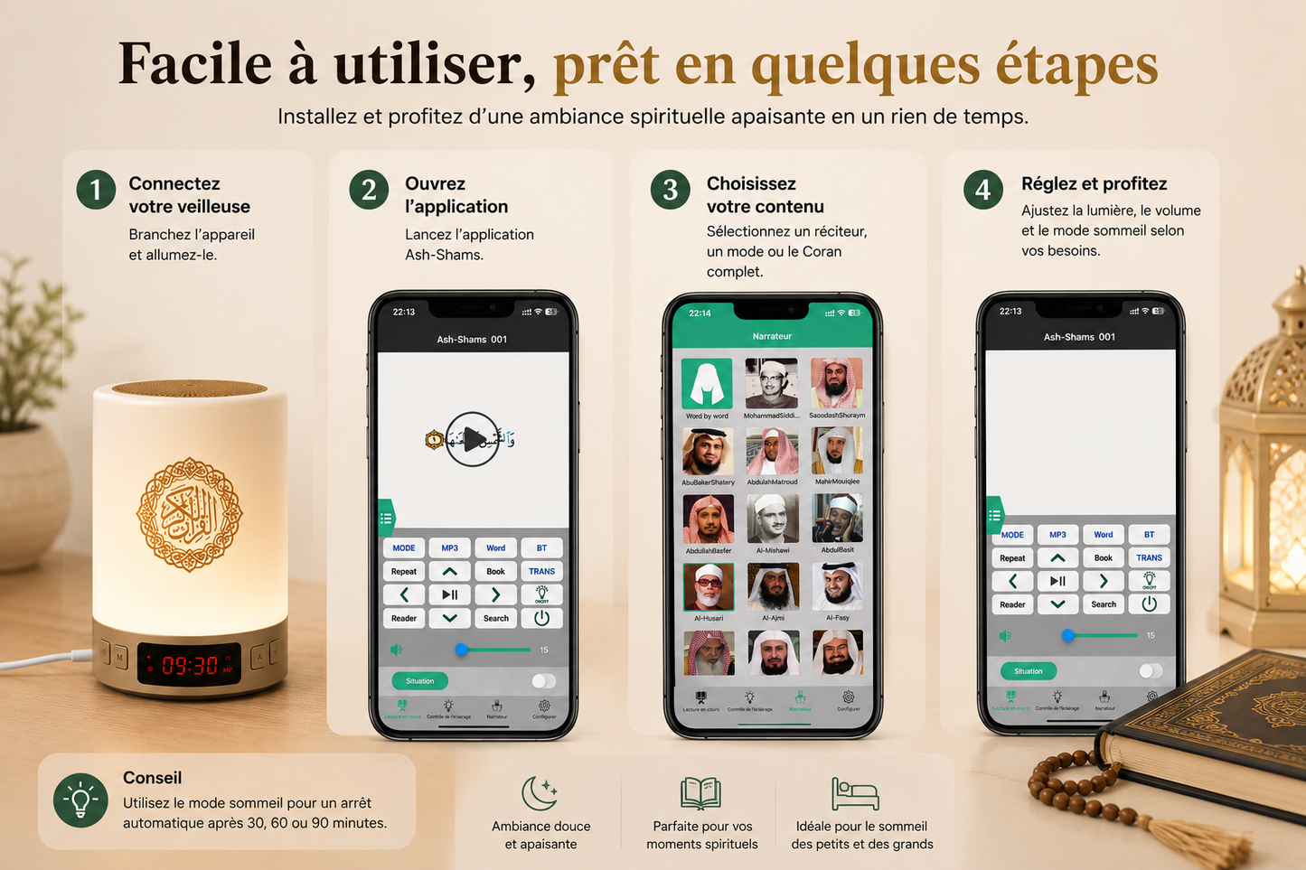 Veilleuse Coranique Bluetooth SQ122 – Lampe tactile 7 couleurs avec télécommande