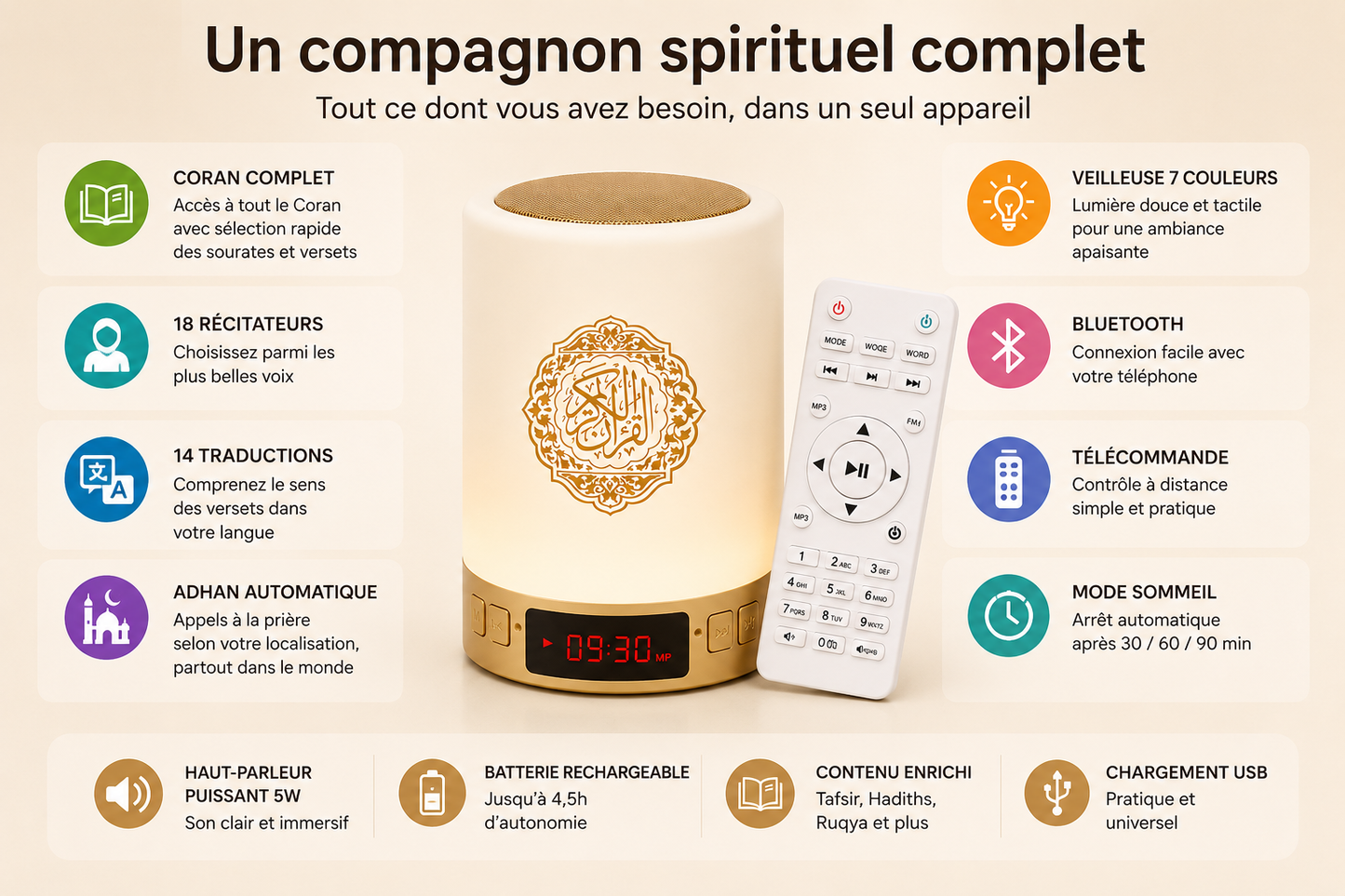 Veilleuse Coranique Bluetooth SQ122 – Lampe tactile 7 couleurs avec télécommande