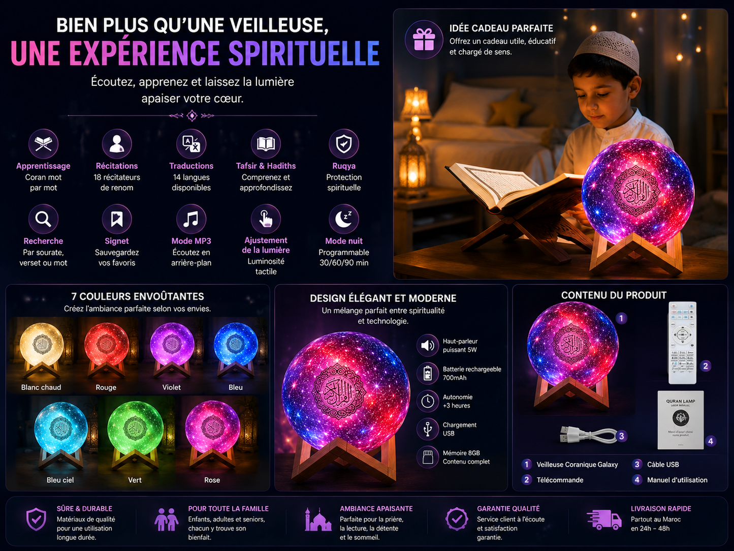 Veilleuse Coranique Galaxy Bluetooth QB512 – Lampe Quran Audio 7 couleurs, télécommande